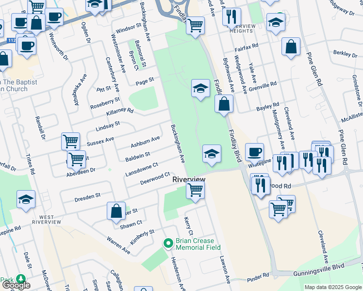 map of restaurants, bars, coffee shops, grocery stores, and more near 286 Buckingham Avenue in Riverview