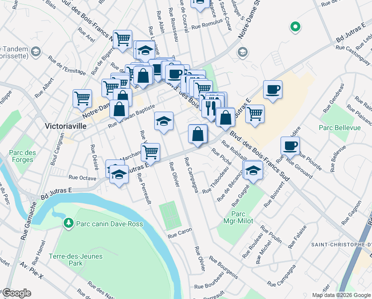 map of restaurants, bars, coffee shops, grocery stores, and more near 90 Boulevard Jutras Est in Victoriaville