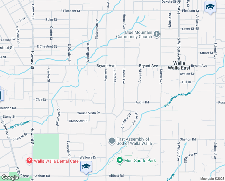 map of restaurants, bars, coffee shops, grocery stores, and more near 1426 Durant Street in Walla Walla