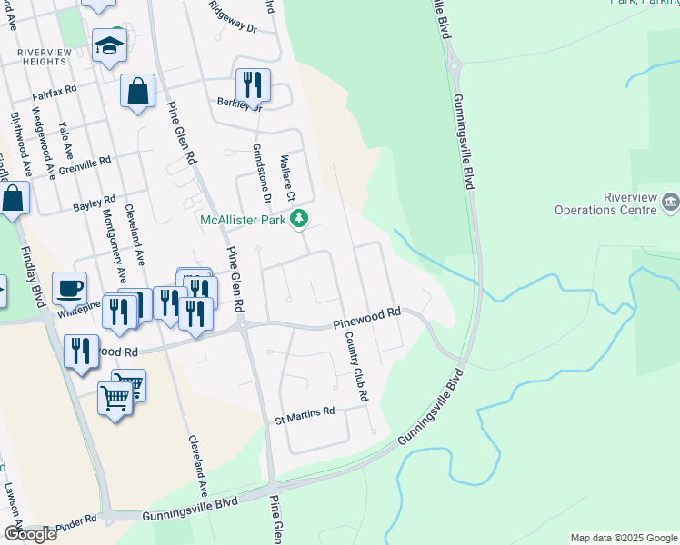 map of restaurants, bars, coffee shops, grocery stores, and more near 53 Country Club Road in Riverview