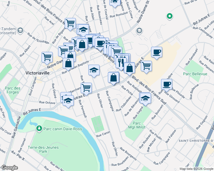map of restaurants, bars, coffee shops, grocery stores, and more near 90 Boulevard Jutras Est in Victoriaville