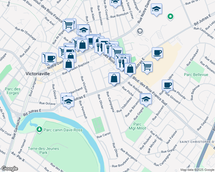 map of restaurants, bars, coffee shops, grocery stores, and more near in Victoriaville
