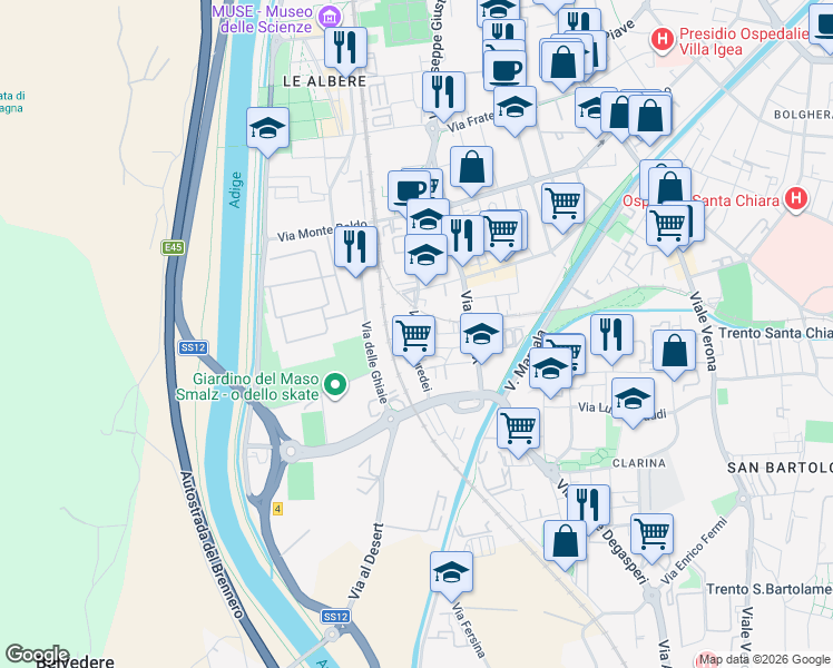 map of restaurants, bars, coffee shops, grocery stores, and more near 54 Via dei Muredei in Trento