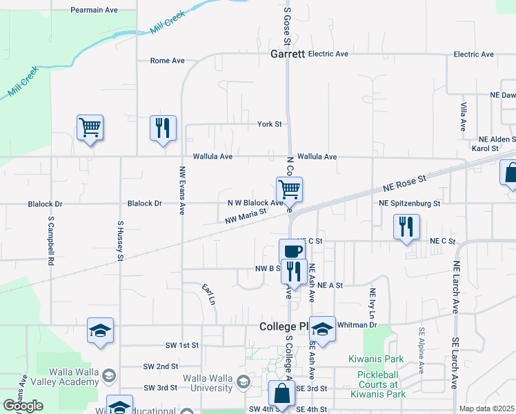 map of restaurants, bars, coffee shops, grocery stores, and more near 114 Northwest Maria Street in College Place