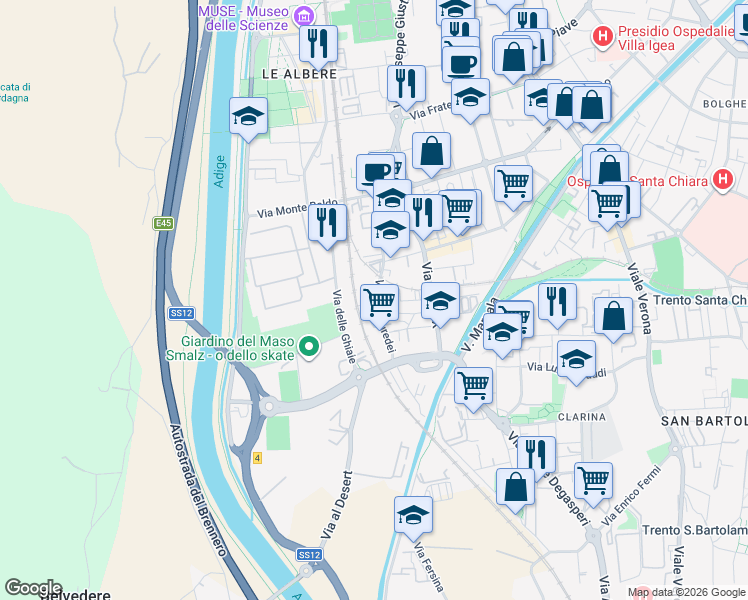 map of restaurants, bars, coffee shops, grocery stores, and more near 54 Via dei Muredei in Trento