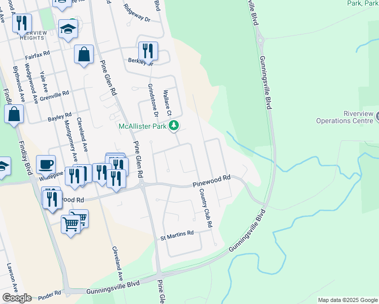 map of restaurants, bars, coffee shops, grocery stores, and more near 38 Country Club Road in Riverview
