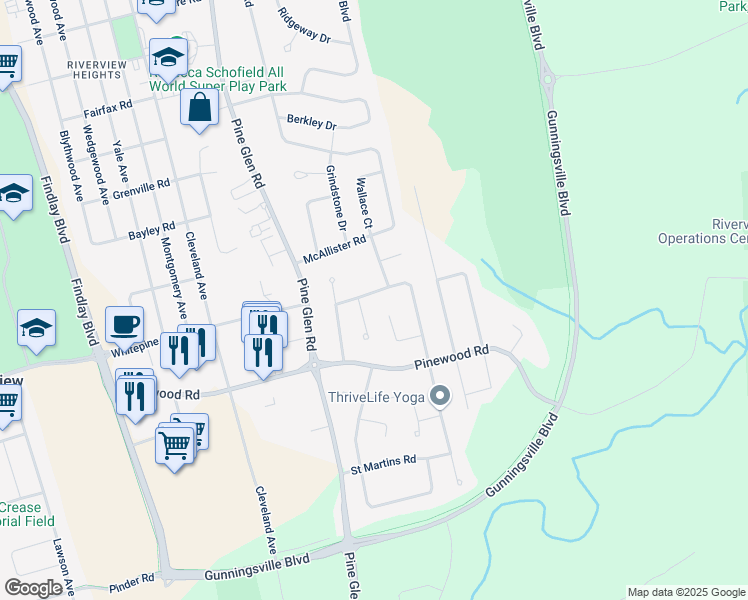 map of restaurants, bars, coffee shops, grocery stores, and more near 18 Country Club Road in Riverview