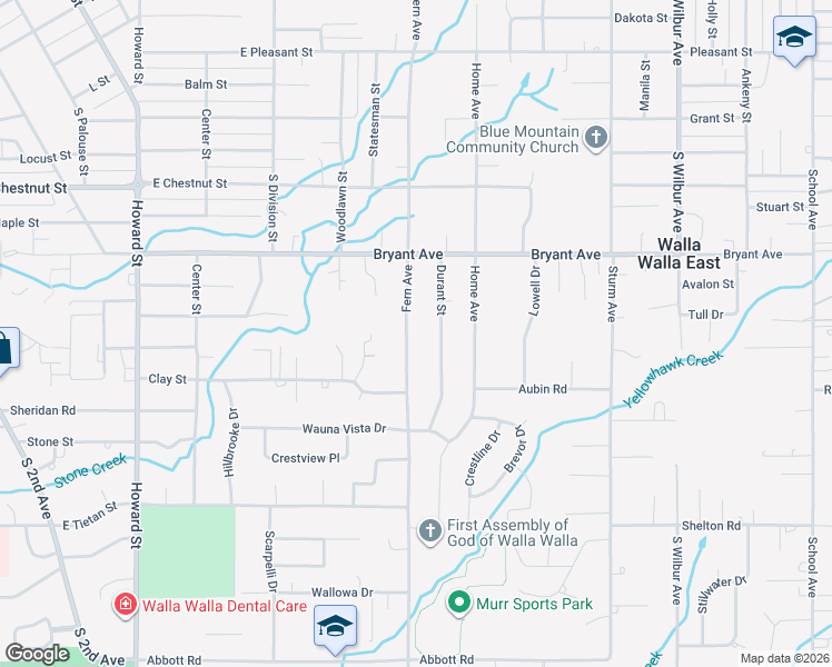 map of restaurants, bars, coffee shops, grocery stores, and more near 1426 Durant Street in Walla Walla