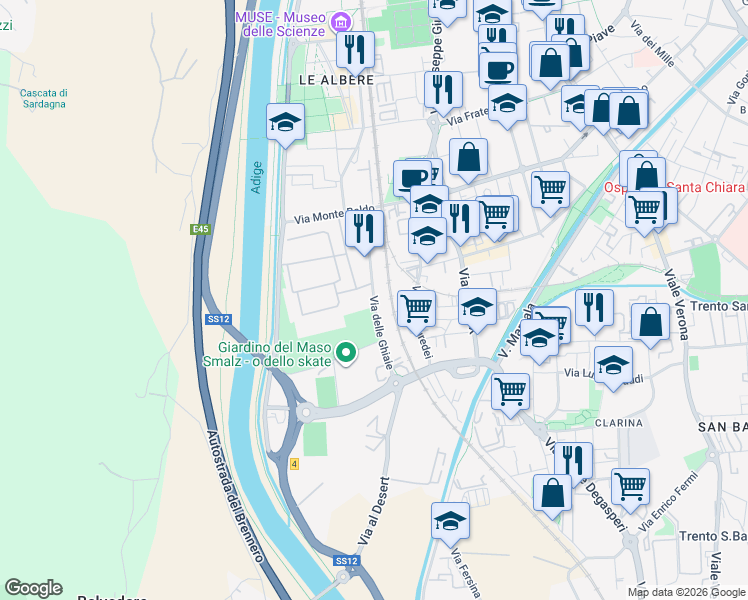map of restaurants, bars, coffee shops, grocery stores, and more near 31 Via delle Ghiaie in Trent