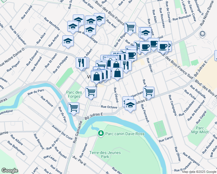 map of restaurants, bars, coffee shops, grocery stores, and more near in Victoriaville