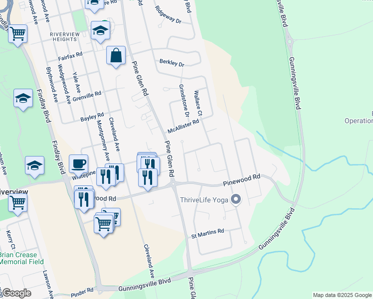 map of restaurants, bars, coffee shops, grocery stores, and more near 1 Country Club Road in Riverview