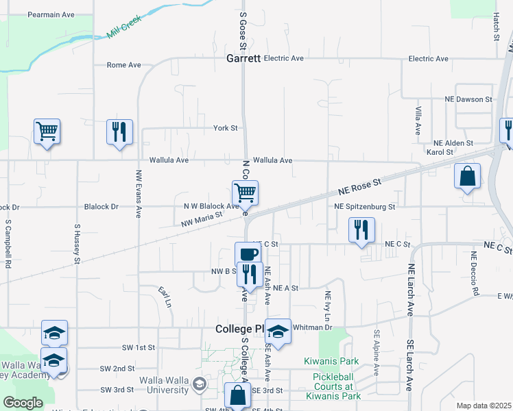 map of restaurants, bars, coffee shops, grocery stores, and more near 340 North College Avenue in College Place