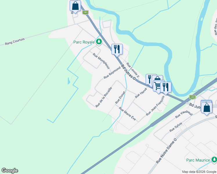 map of restaurants, bars, coffee shops, grocery stores, and more near 30 Rue de la Rocaille in Victoriaville