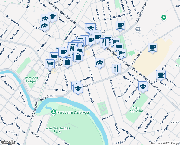 map of restaurants, bars, coffee shops, grocery stores, and more near 159 Rue Victoria in Victoriaville