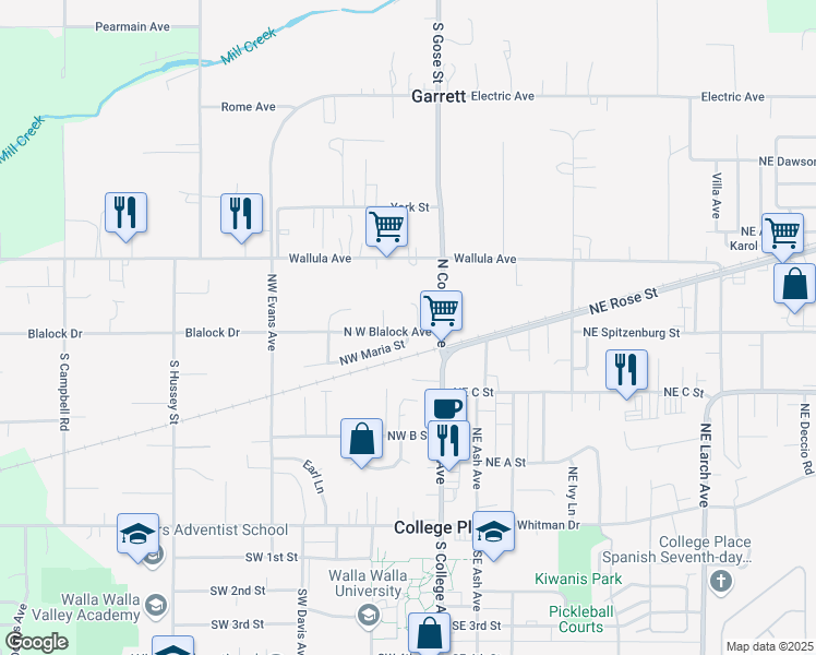 map of restaurants, bars, coffee shops, grocery stores, and more near 66 Blalock Drive in Walla Walla