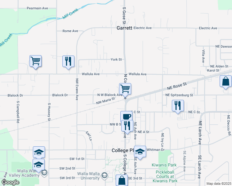 map of restaurants, bars, coffee shops, grocery stores, and more near 114 Northwest Maria Street in College Place
