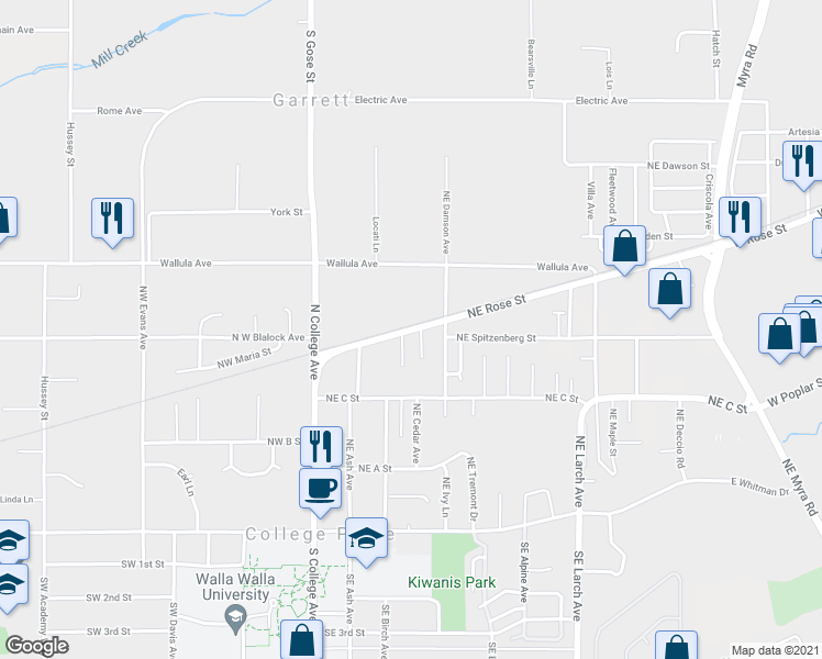 map of restaurants, bars, coffee shops, grocery stores, and more near 220 West Rose Street in College Place