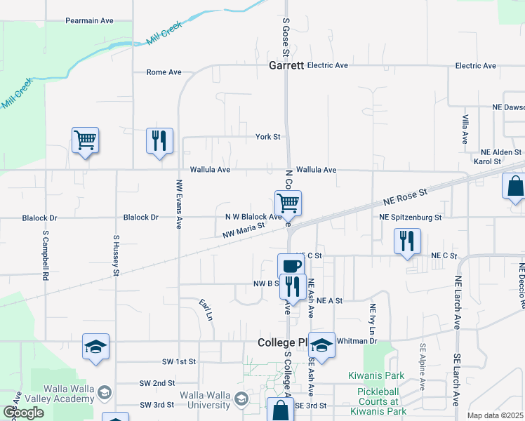 map of restaurants, bars, coffee shops, grocery stores, and more near 114 Northwest Maria Street in College Place