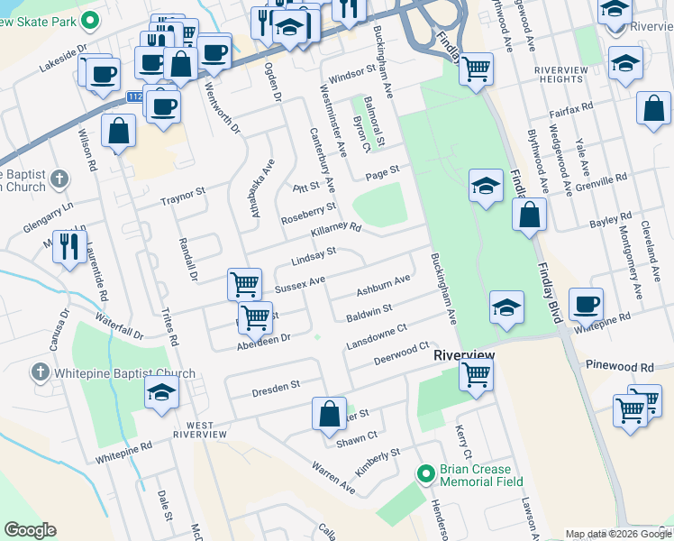 map of restaurants, bars, coffee shops, grocery stores, and more near 147 Sussex Avenue in Riverview