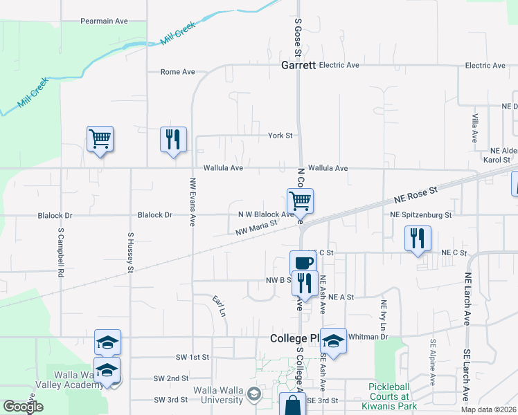 map of restaurants, bars, coffee shops, grocery stores, and more near 21 Corbin Lane in Walla Walla
