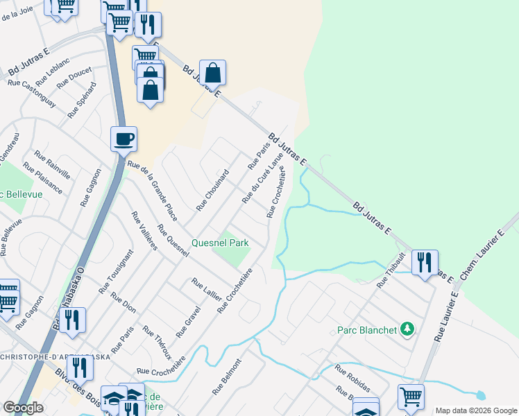 map of restaurants, bars, coffee shops, grocery stores, and more near 37 Rue Julien in Victoriaville