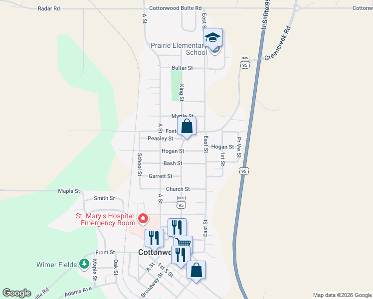 map of restaurants, bars, coffee shops, grocery stores, and more near 411 Hogan Street in Cottonwood