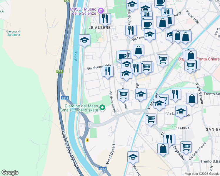 map of restaurants, bars, coffee shops, grocery stores, and more near 31 Via delle Ghiaie in Trento