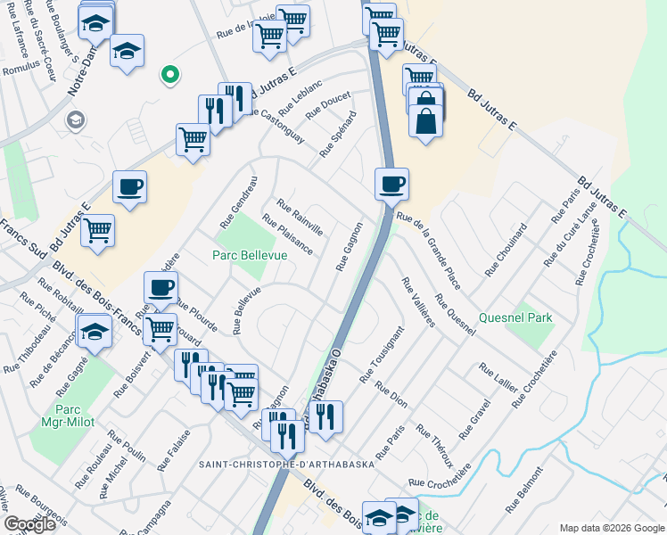 map of restaurants, bars, coffee shops, grocery stores, and more near 46 Rue Gagnon in Victoriaville