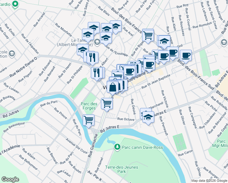 map of restaurants, bars, coffee shops, grocery stores, and more near in Victoriaville
