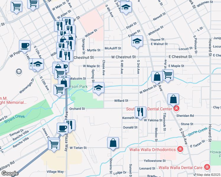 map of restaurants, bars, coffee shops, grocery stores, and more near 235 Malcolm Street in Walla Walla