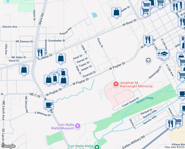 map of restaurants, bars, coffee shops, grocery stores, and more near 1414 Emerald Street in Walla Walla