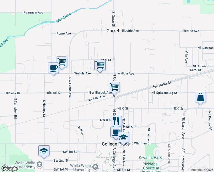 map of restaurants, bars, coffee shops, grocery stores, and more near 413 North College Avenue in Walla Walla