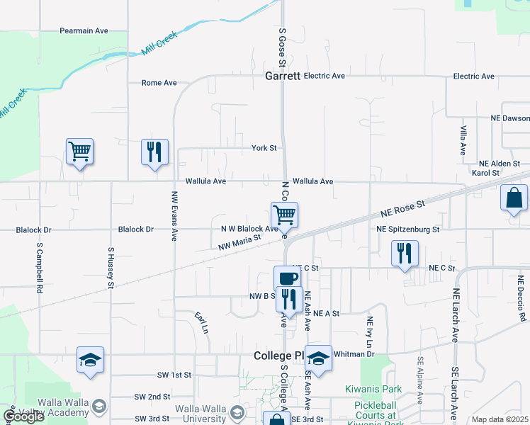 map of restaurants, bars, coffee shops, grocery stores, and more near 413 North College Avenue in Walla Walla
