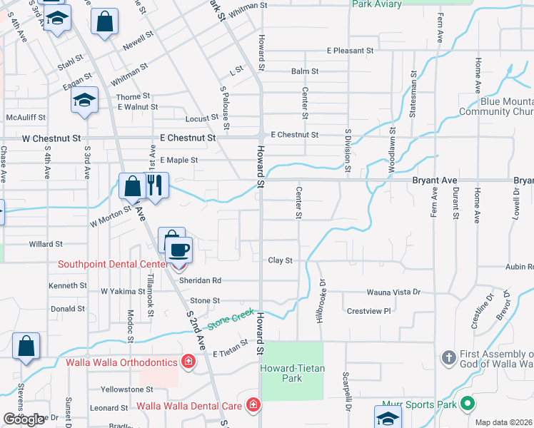 map of restaurants, bars, coffee shops, grocery stores, and more near 1415 Howard Street in Walla Walla