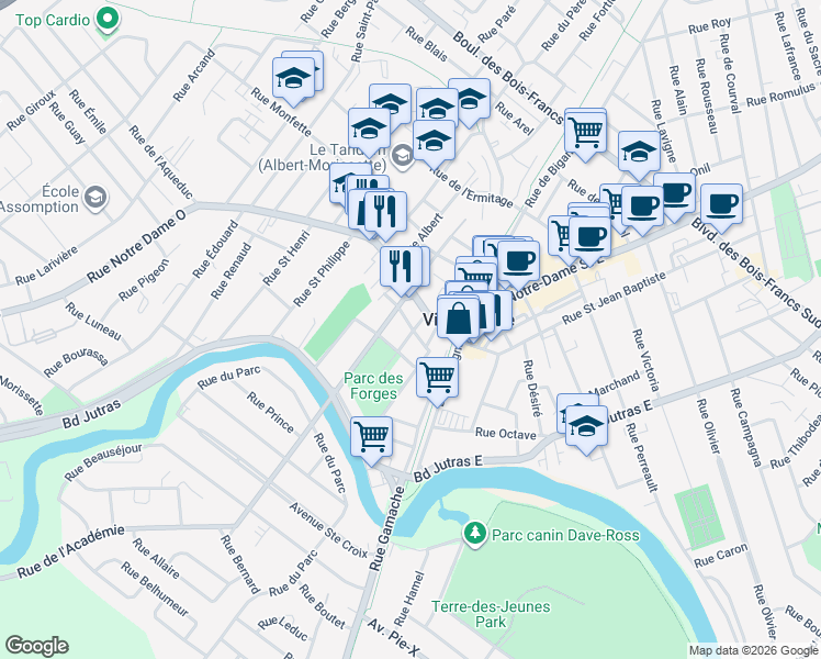 map of restaurants, bars, coffee shops, grocery stores, and more near 35 Rue des Forges in Victoriaville