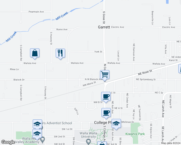 map of restaurants, bars, coffee shops, grocery stores, and more near 33 Corbin Lane in Walla Walla