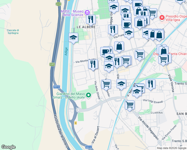 map of restaurants, bars, coffee shops, grocery stores, and more near 3-23 Via delle Ghiaie in Trent