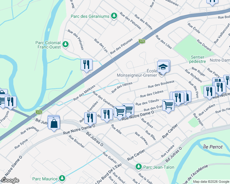 map of restaurants, bars, coffee shops, grocery stores, and more near 58 Rue des Hêtres in Victoriaville