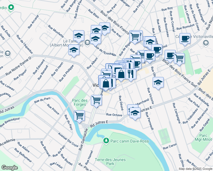 map of restaurants, bars, coffee shops, grocery stores, and more near 17A Rue Notre-Dame Est in Victoriaville
