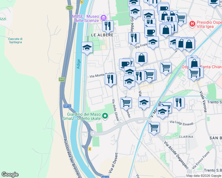 map of restaurants, bars, coffee shops, grocery stores, and more near 23 Via delle Ghiaie in Trento