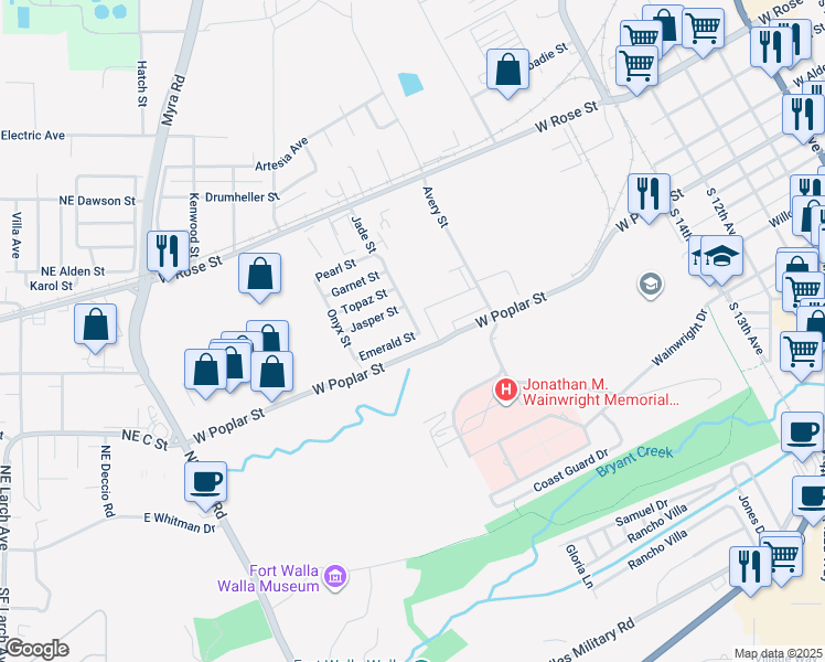 map of restaurants, bars, coffee shops, grocery stores, and more near 1414 Emerald Street in Walla Walla