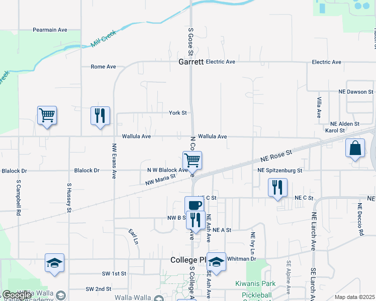 map of restaurants, bars, coffee shops, grocery stores, and more near 413 North College Avenue in Walla Walla