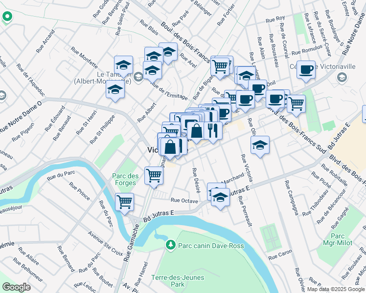 map of restaurants, bars, coffee shops, grocery stores, and more near 17A Rue Notre-Dame Est in Victoriaville