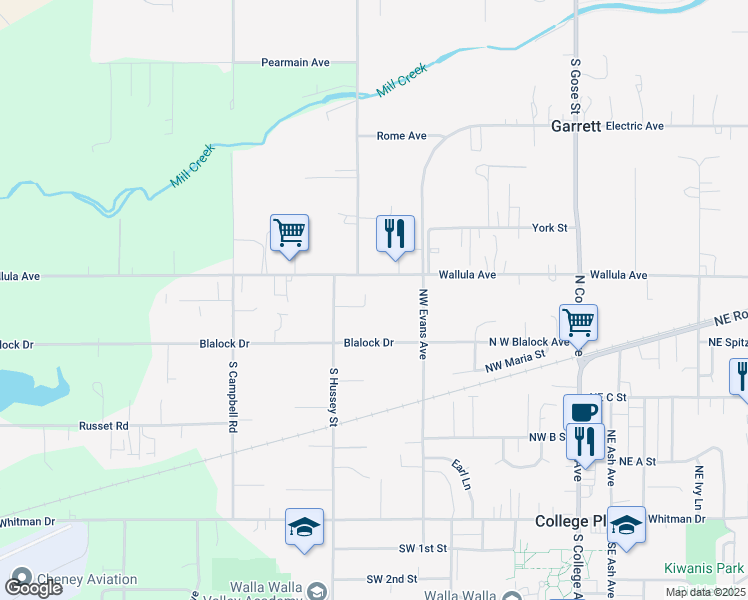map of restaurants, bars, coffee shops, grocery stores, and more near 35 Sullivan Place in Walla Walla