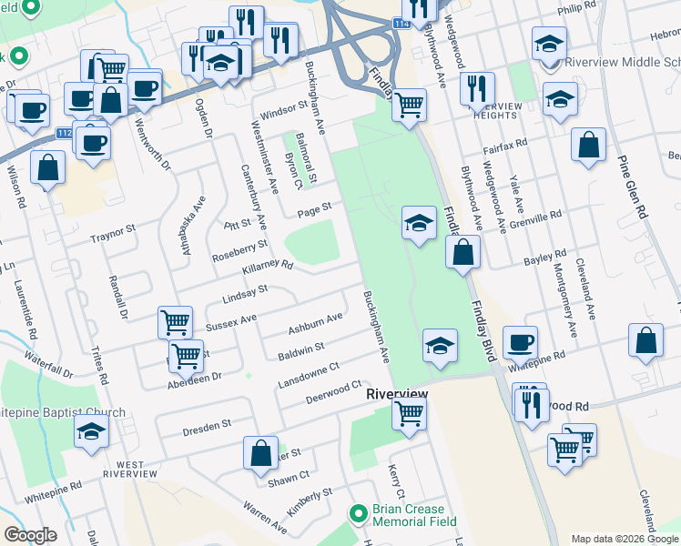 map of restaurants, bars, coffee shops, grocery stores, and more near in Riverview
