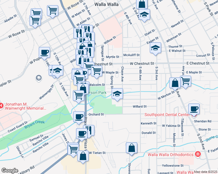map of restaurants, bars, coffee shops, grocery stores, and more near 403 Malcolm Street in Walla Walla