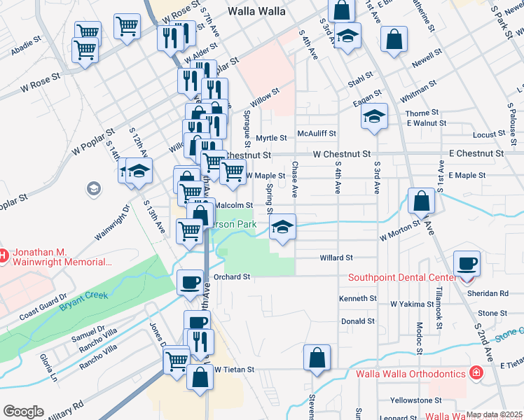 map of restaurants, bars, coffee shops, grocery stores, and more near 403 Malcolm Street in Walla Walla