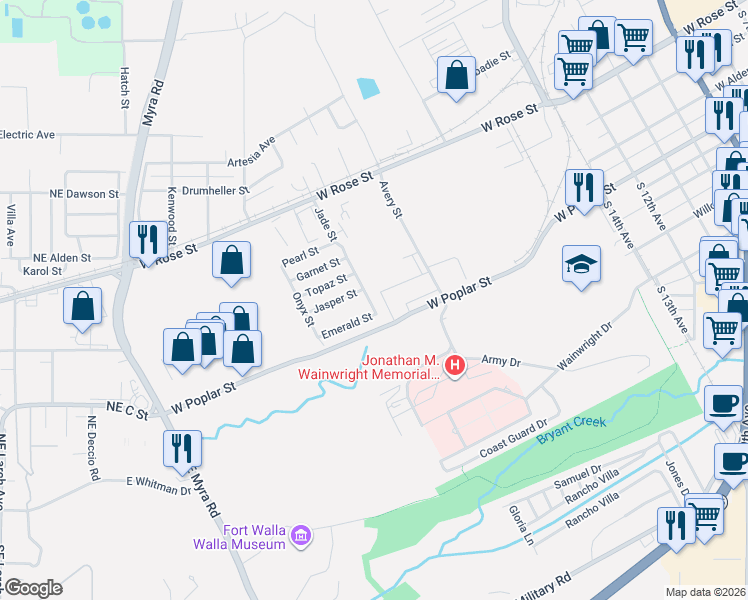 map of restaurants, bars, coffee shops, grocery stores, and more near 1414 Emerald Street in Walla Walla