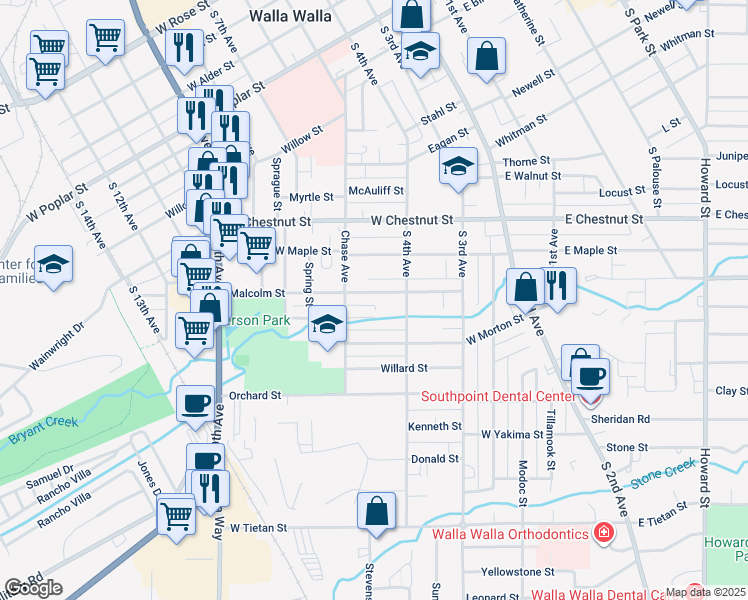 map of restaurants, bars, coffee shops, grocery stores, and more near 235 Malcolm Street in Walla Walla