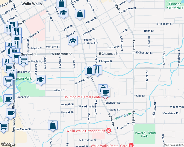 map of restaurants, bars, coffee shops, grocery stores, and more near 15 East Morton Street in Walla Walla